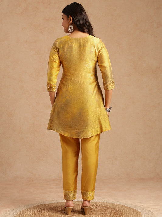 Yellow Embroidered A-Line Chanderi Stitched Kurta Set