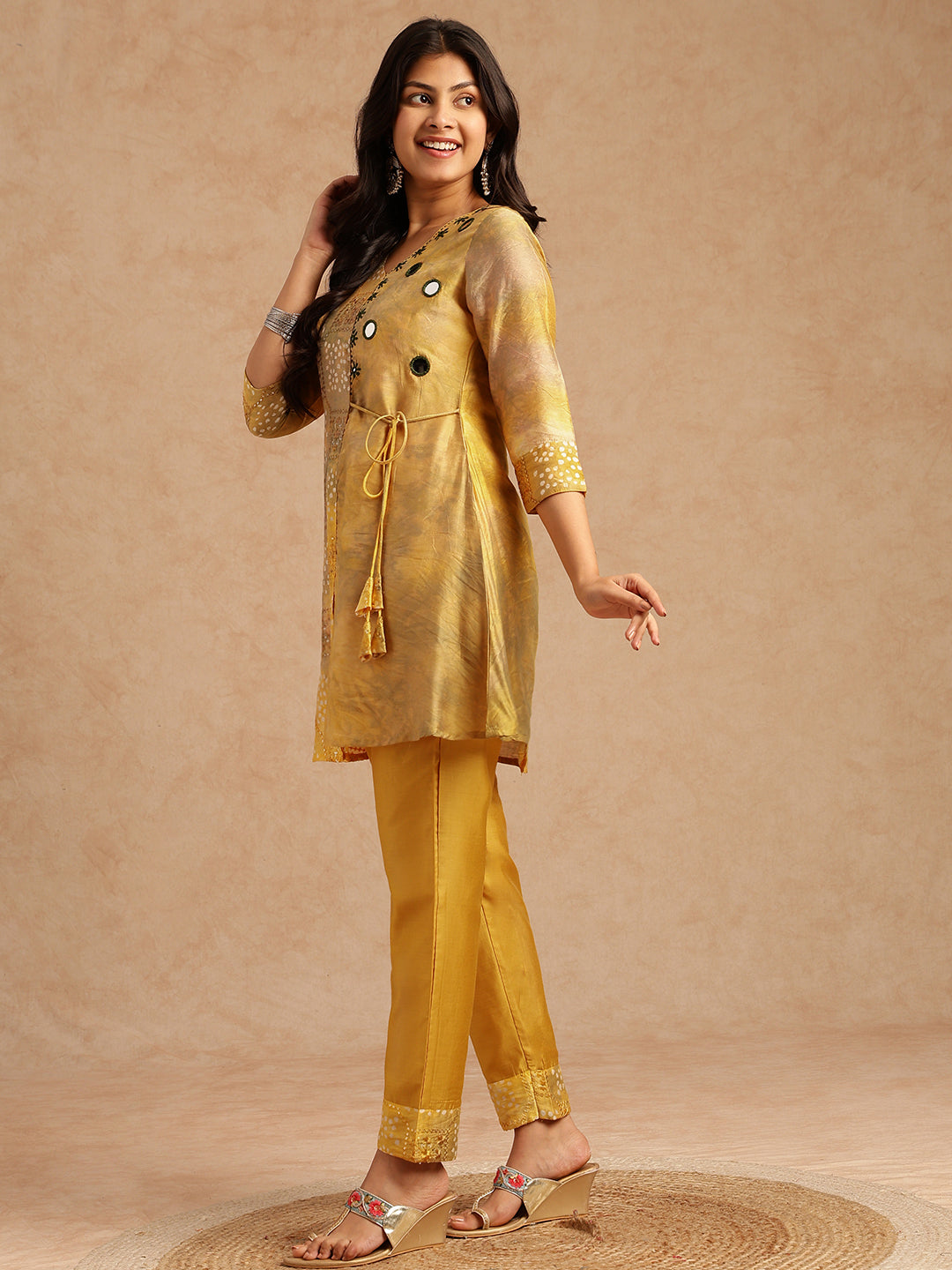 Yellow Embroidered A-Line Chanderi Stitched Kurta Set