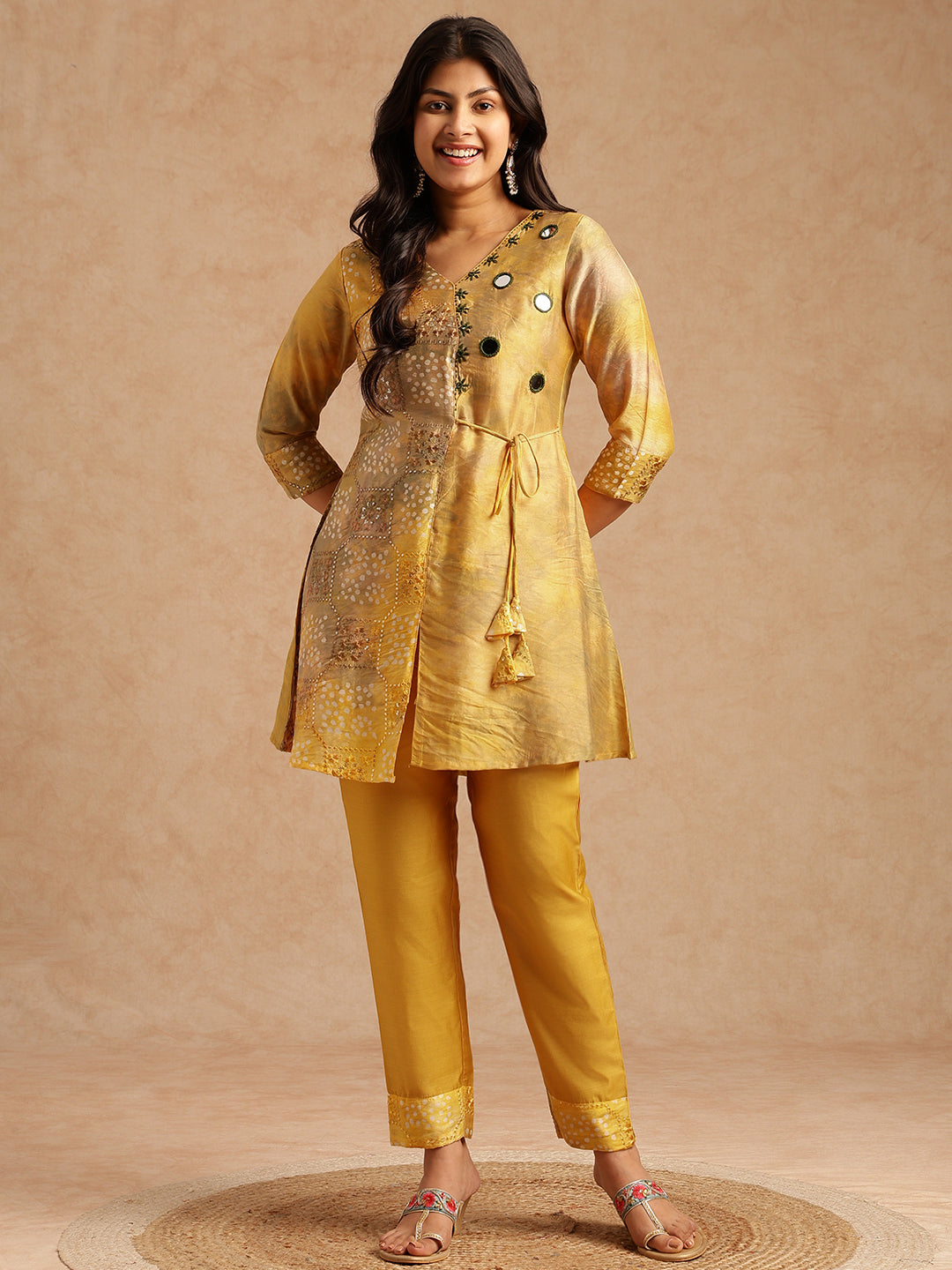 Yellow Embroidered A-Line Chanderi Stitched Kurta Set