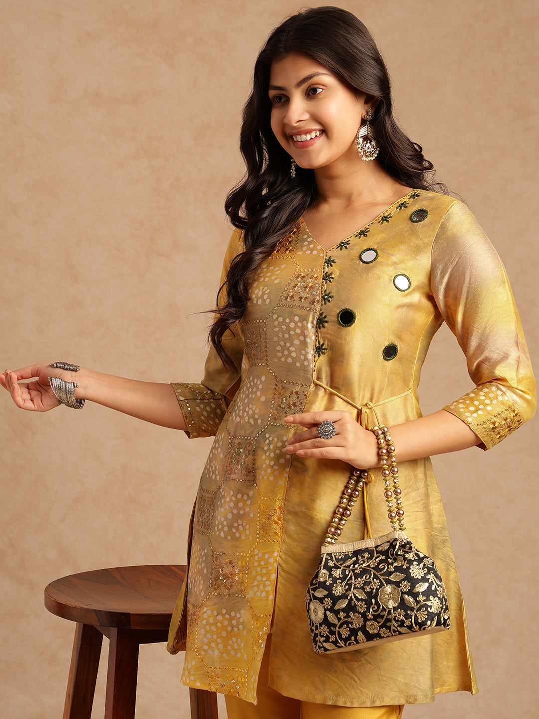 Yellow Embroidered A-Line Chanderi Stitched Kurta Set
