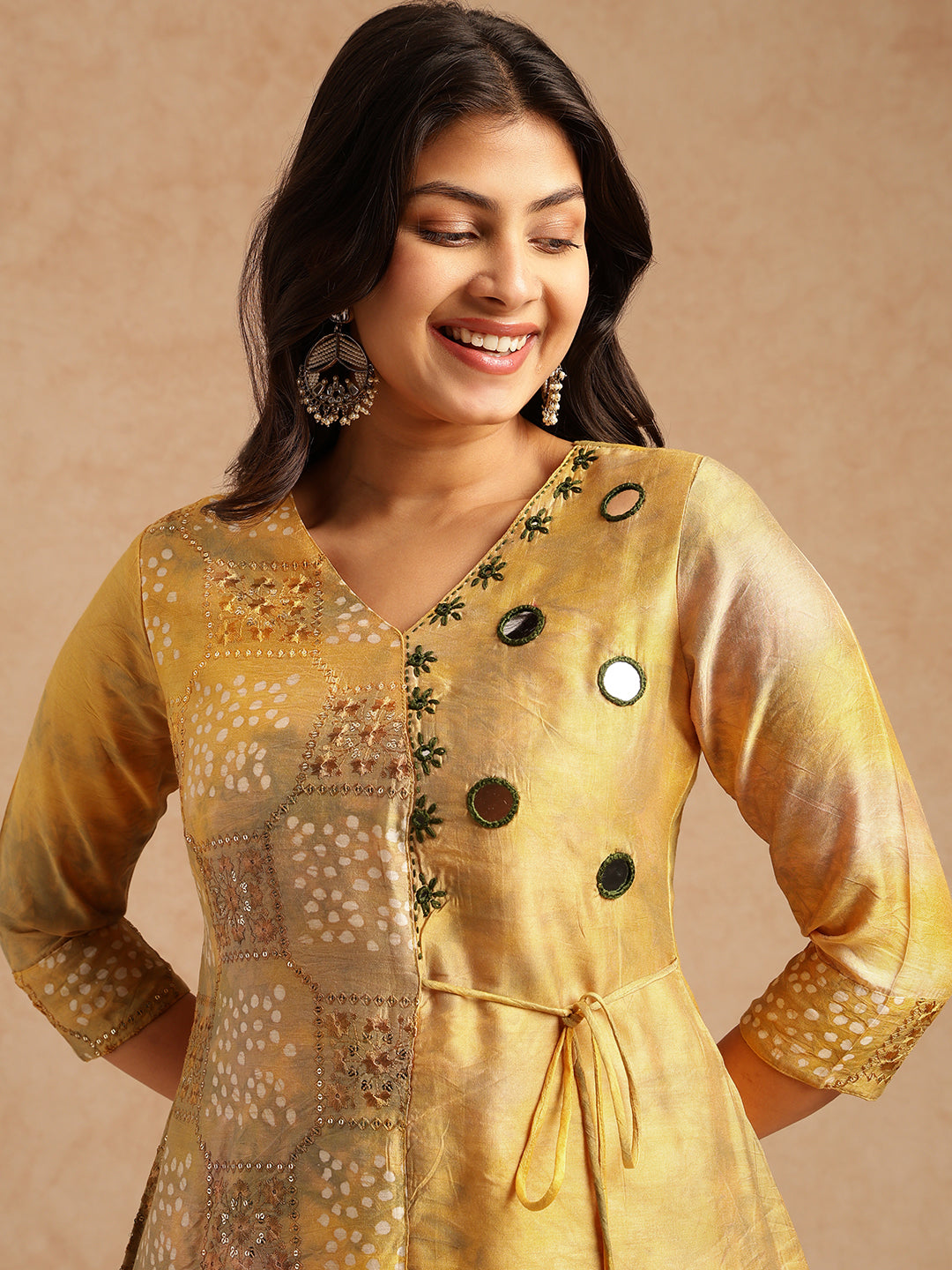 Yellow Embroidered A-Line Chanderi Stitched Kurta Set