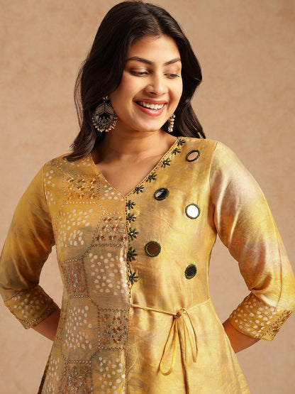Yellow Embroidered A-Line Chanderi Stitched Kurta Set