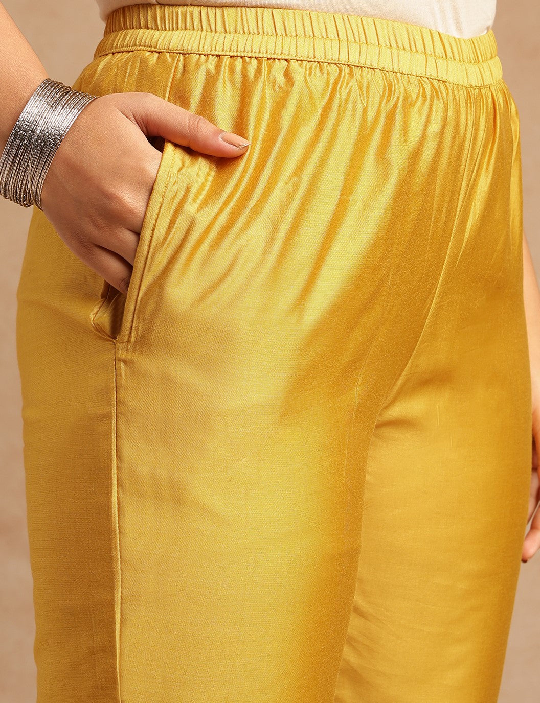 Yellow Embroidered A-Line Chanderi Stitched Kurta Set