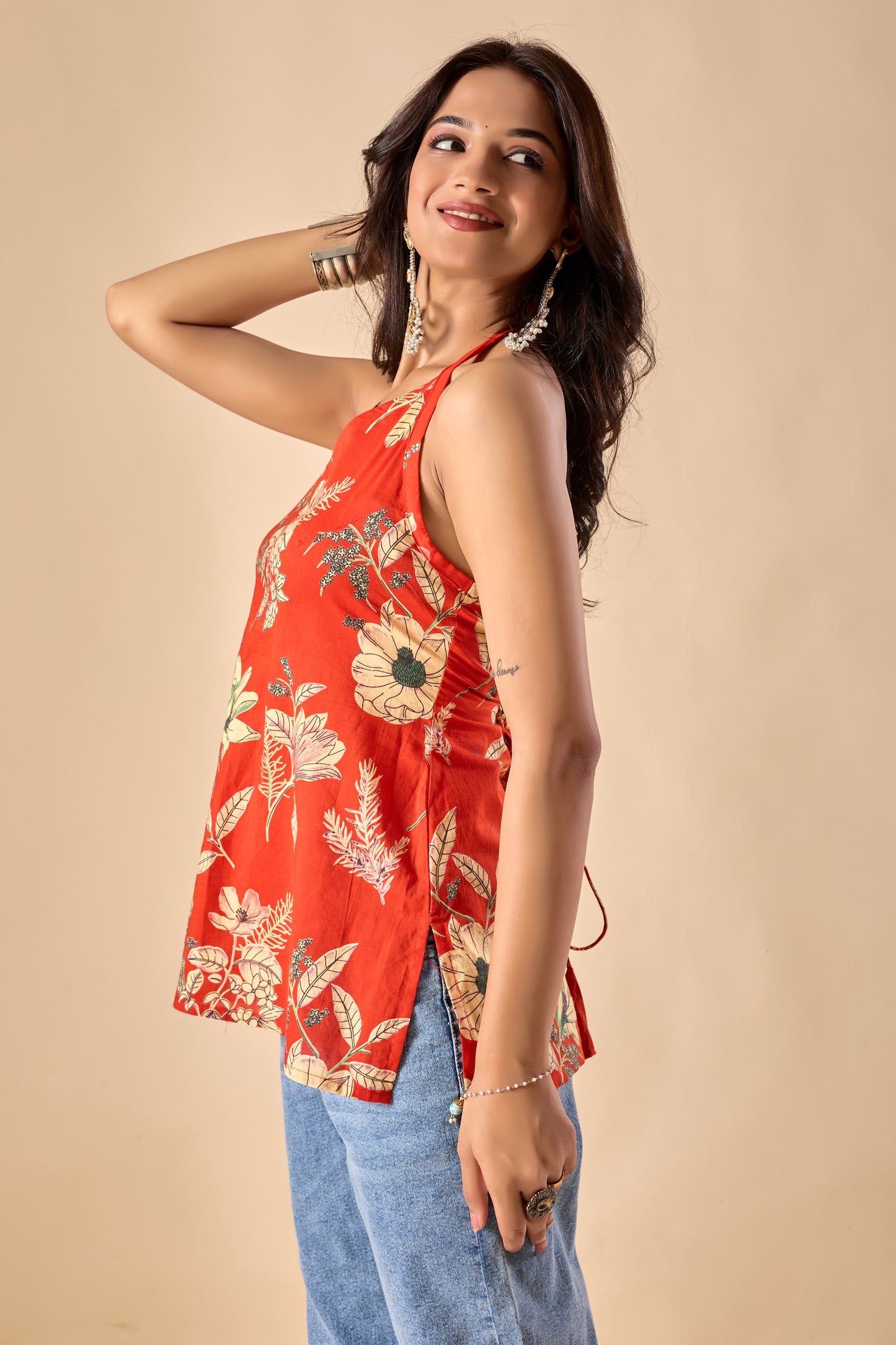 Orange Floral Printed Straight Cotton Stitched Top
