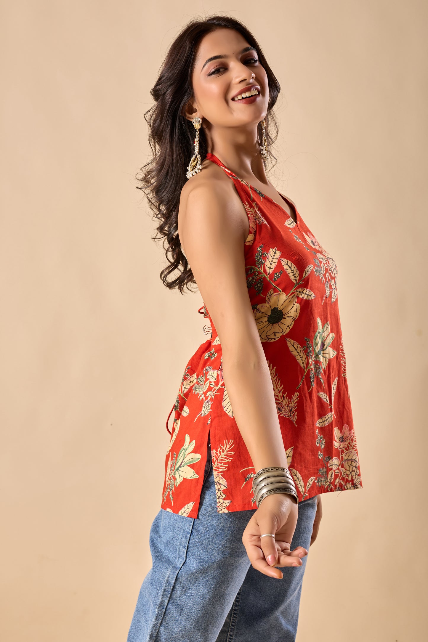 Orange Floral Printed Straight Cotton Stitched Top
