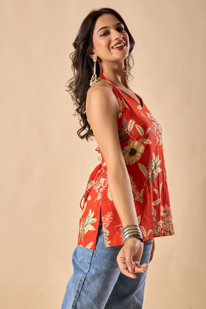 Orange Floral Printed Straight Cotton Stitched Top
