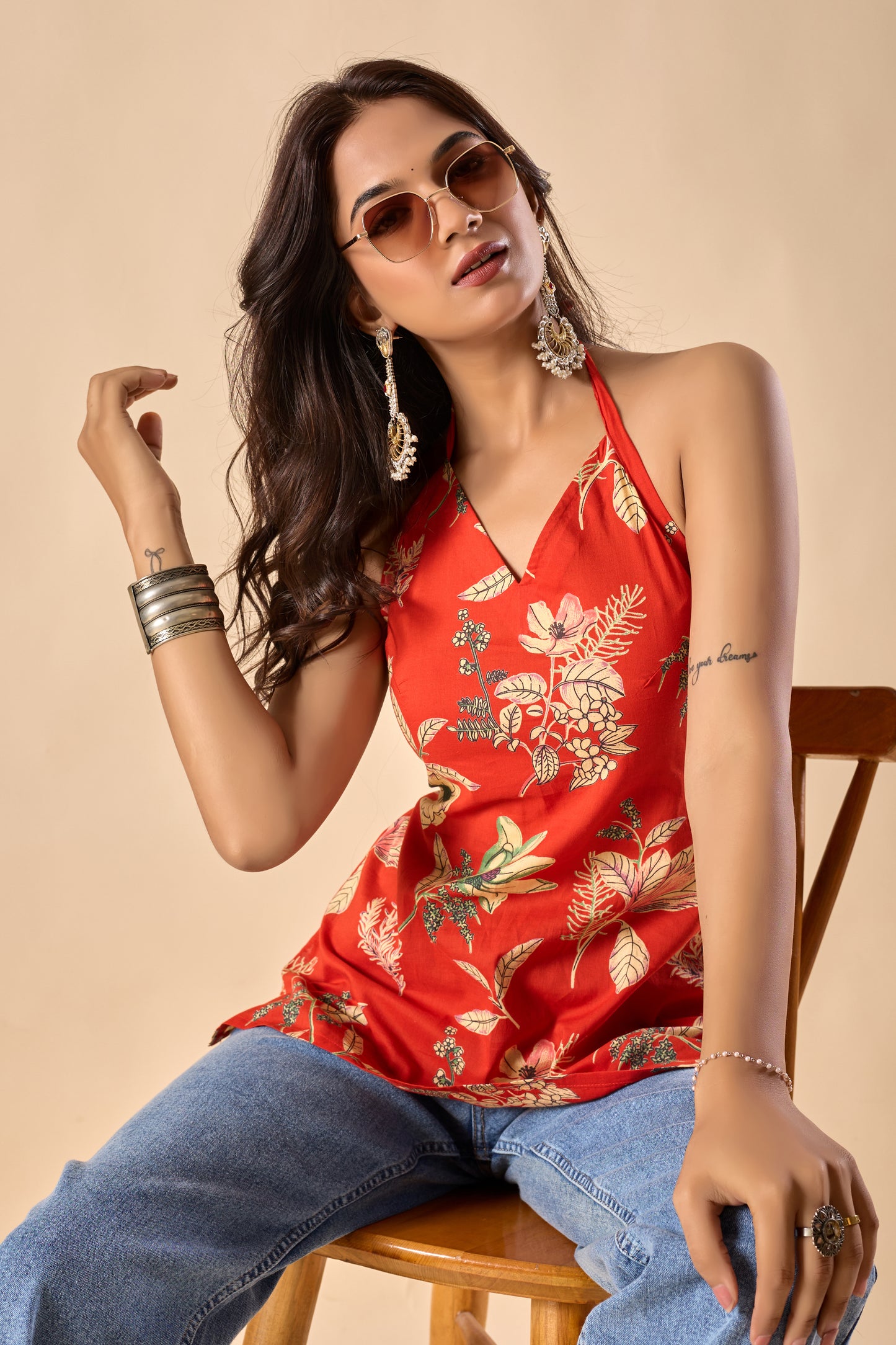 Orange Floral Printed Straight Cotton Stitched Top