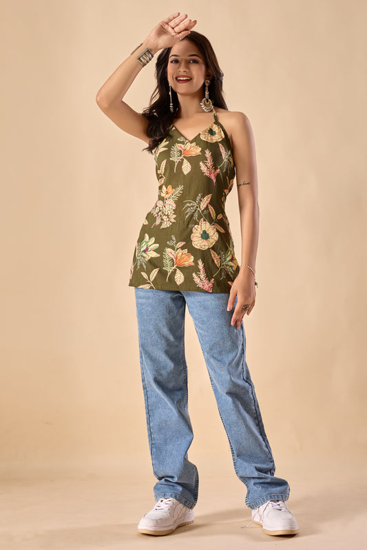 Mahendi Floral Printed Straight Cotton Stitched Top
