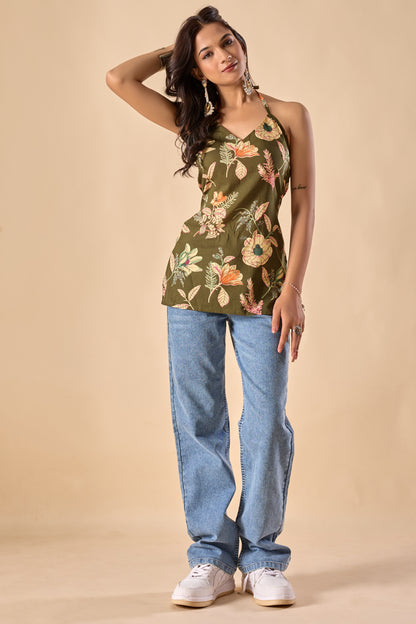 Mahendi Floral Printed Straight Cotton Stitched Top