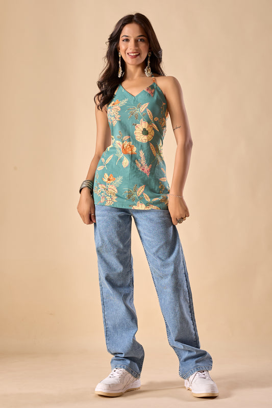 Teal Floral Printed Straight Cotton Stitched Top