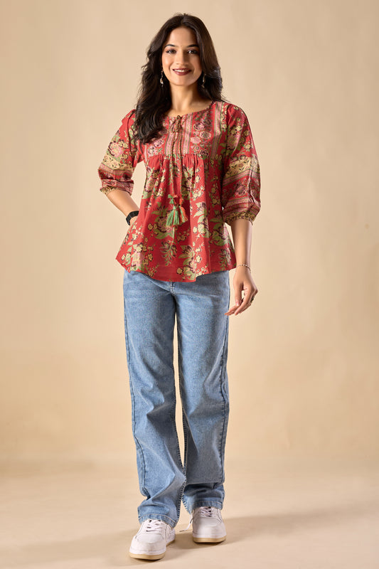 Red Floral Printed A-Line Cotton Stitched Top