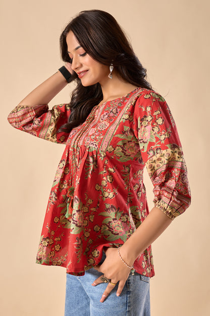 Red Floral Printed A-Line Cotton Stitched Top