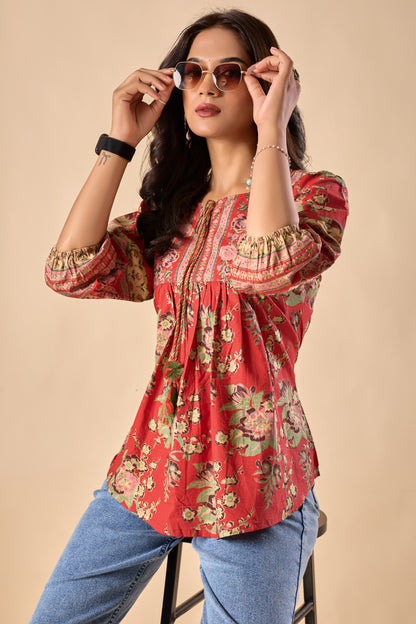 Red Floral Printed A-Line Cotton Stitched Top