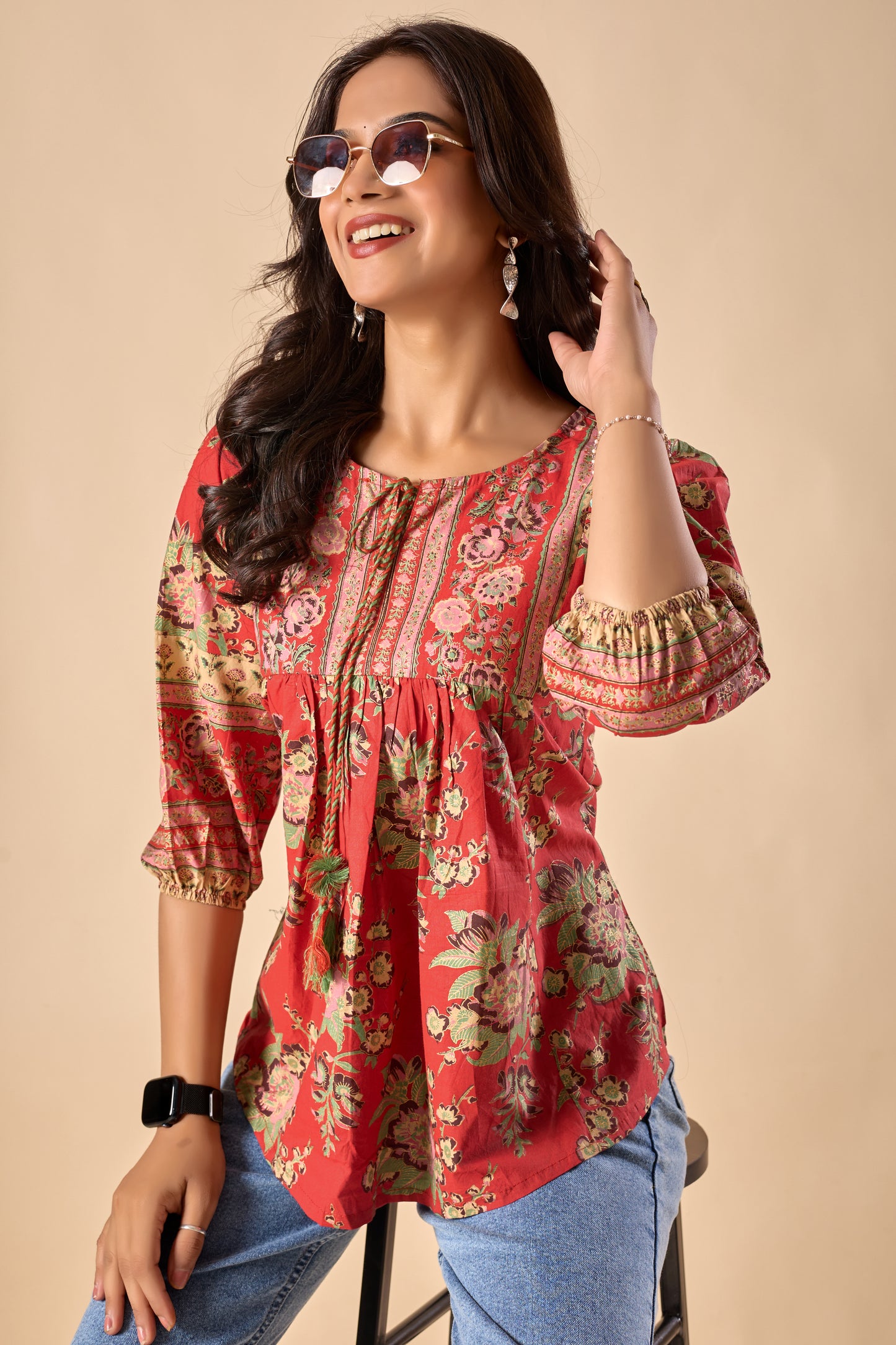 Red Floral Printed A-Line Cotton Stitched Top