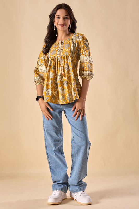 Yellow Floral Printed A-Line Cotton Stitched Top