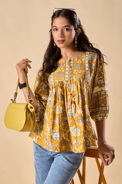 Yellow Floral Printed A-Line Cotton Stitched Top