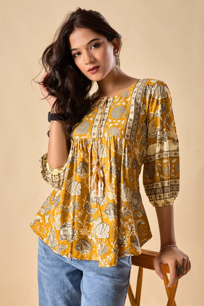Yellow Floral Printed A-Line Cotton Stitched Top
