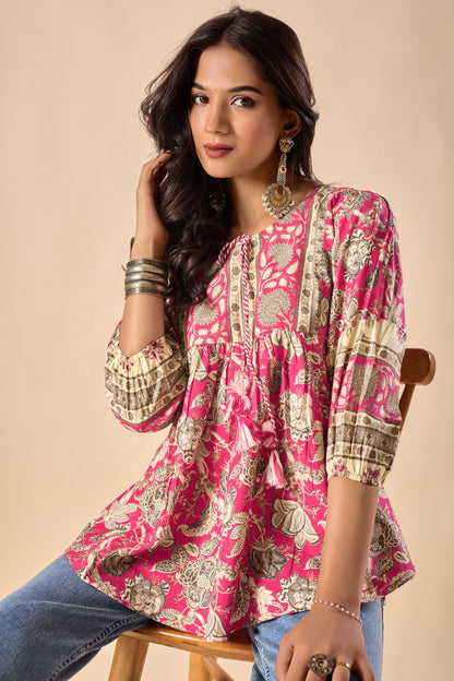 Pink Floral Printed A-Line Cotton Stitched Top