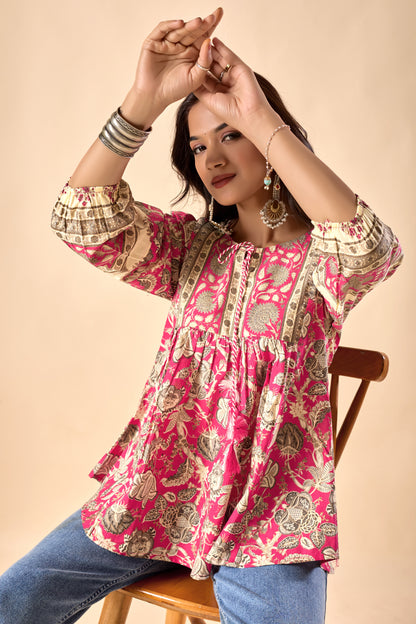 Pink Floral Printed A-Line Cotton Stitched Top