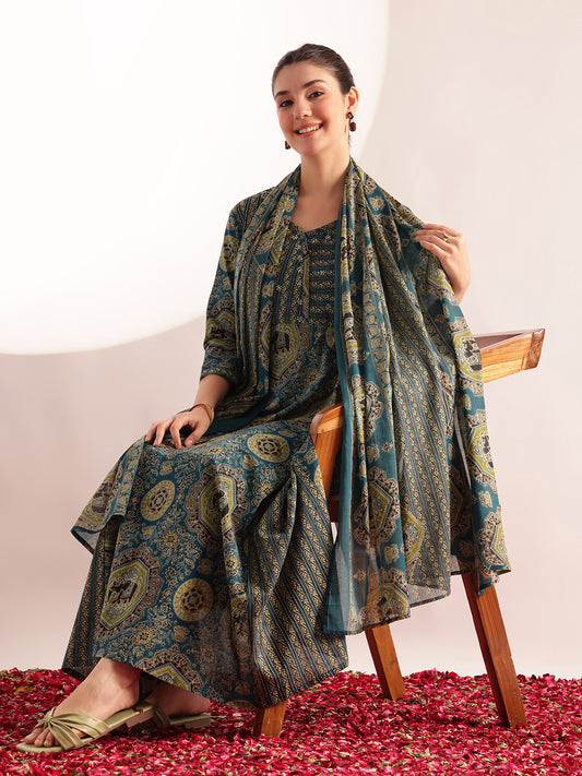 Aqua Blue Kalamkari Print Anarkali Cotton Kurta, Pant With Dupatta