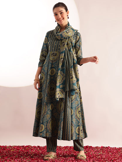 Aqua Blue Kalamkari Print Anarkali Cotton Kurta, Pant With Dupatta