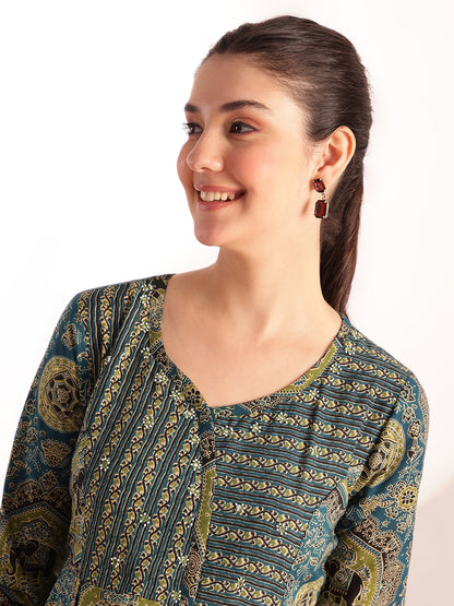 Aqua Blue Kalamkari Print Anarkali Cotton Kurta, Pant With Dupatta