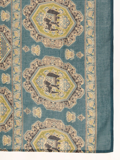 Aqua Blue Kalamkari Print Anarkali Cotton Kurta, Pant With Dupatta