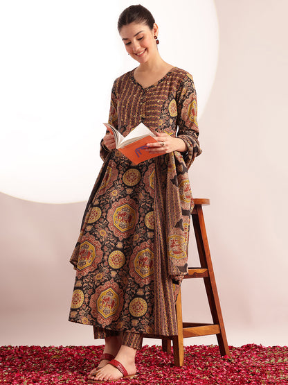 Black Kalamkari Print Anarkali Cotton Kurta, Pant With Dupatta
