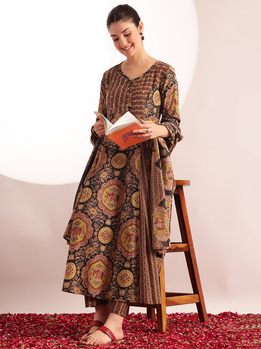 Black Kalamkari Print Anarkali Cotton Kurta, Pant With Dupatta