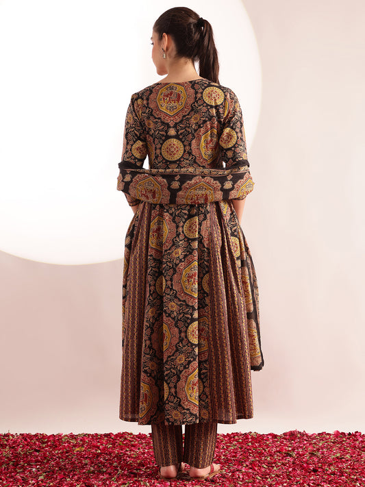 Black Kalamkari Print Anarkali Cotton Kurta, Pant With Dupatta
