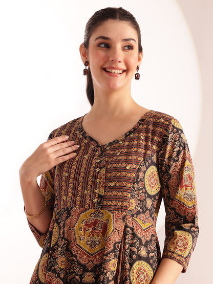 Black Kalamkari Print Anarkali Cotton Kurta, Pant With Dupatta