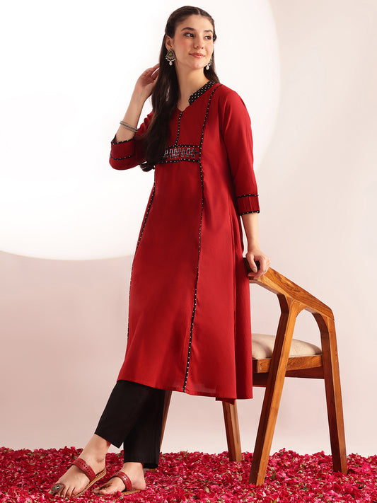 Maroon Solid A-Line Cotton Kurta