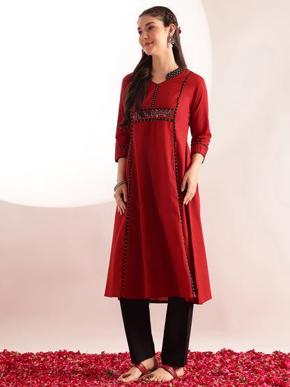 Maroon Solid A-Line Cotton Kurta