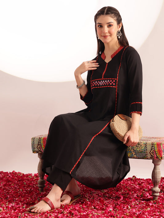 Black Solid A-Line Cotton Kurta