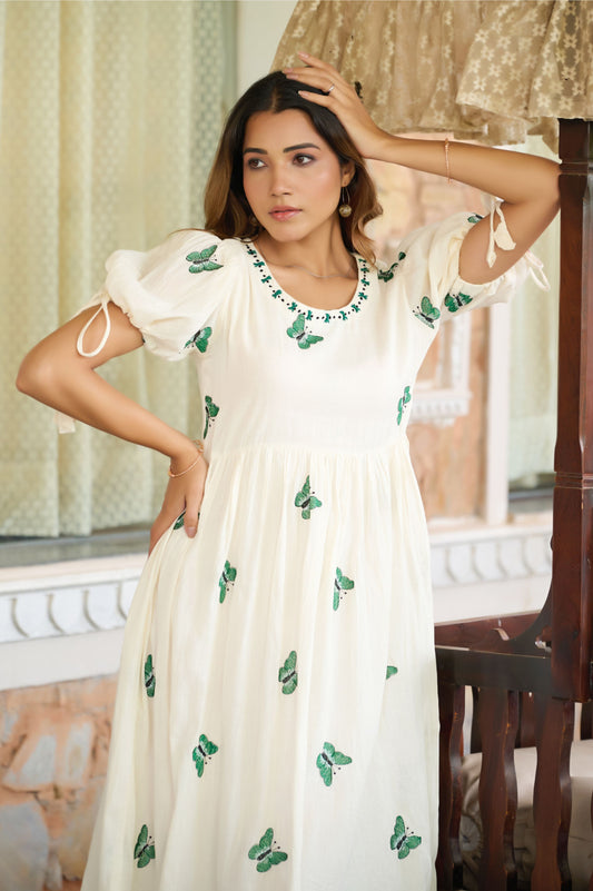 Green Butterfly Print A-Line Mul Cotton Stitched Dress