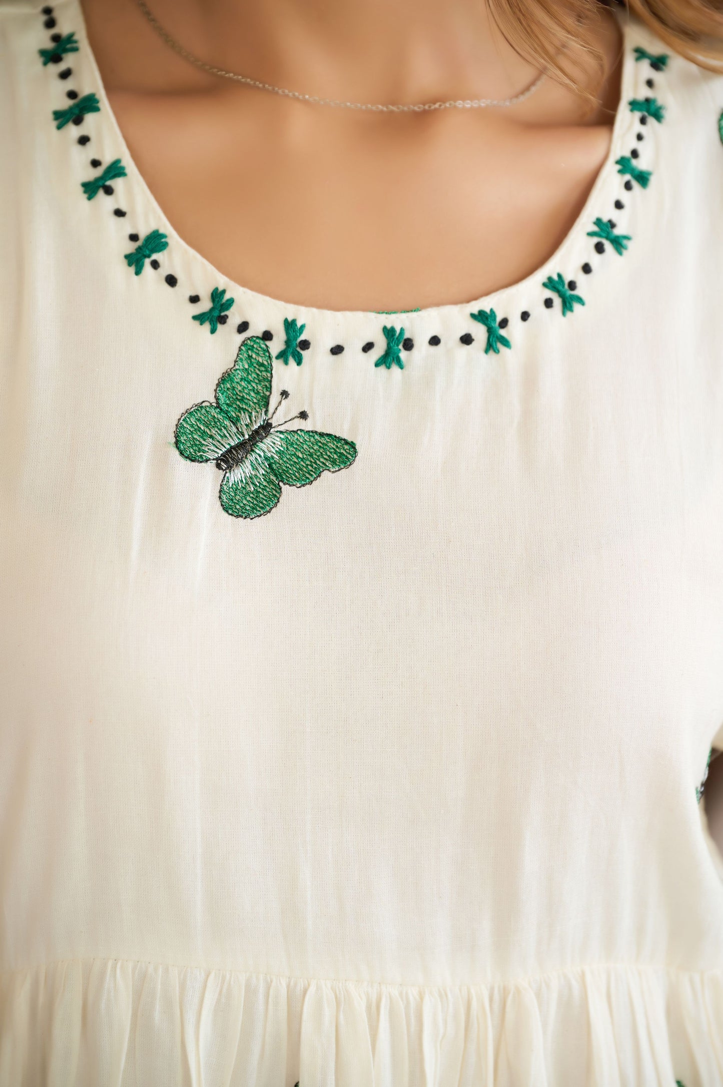 Green Butterfly Print A-Line Mul Cotton Stitched Dress
