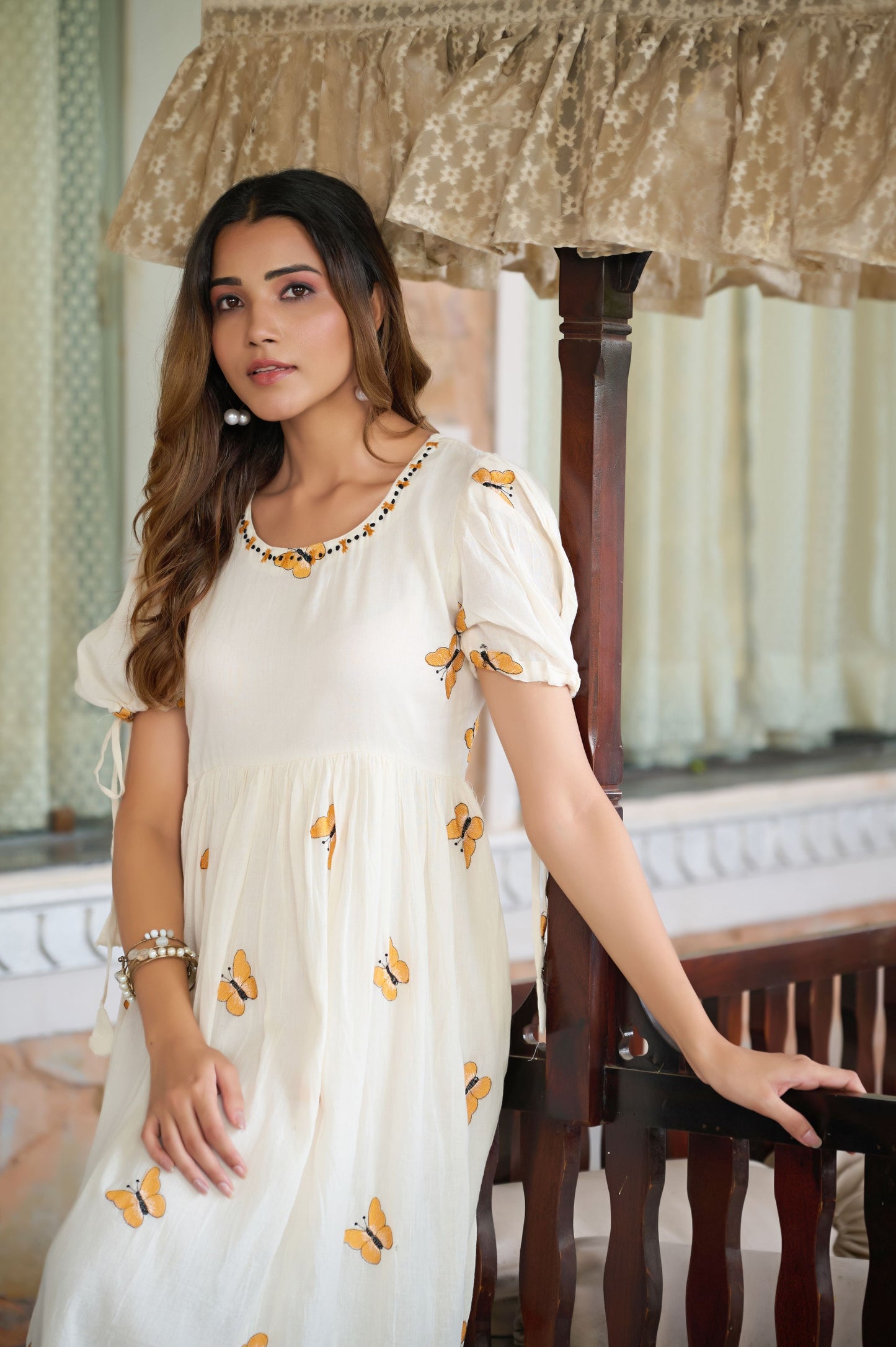 Orange Butterfly Print A-Line Mul Cotton Stitched Dress