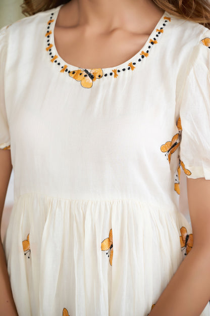 Orange Butterfly Print A-Line Mul Cotton Stitched Dress