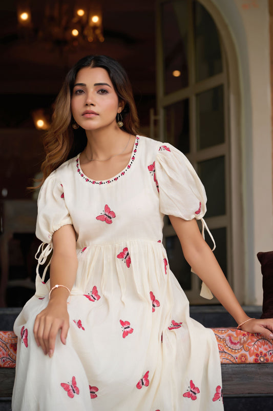 Red Butterfly Print A-Line Mul Cotton Stitched Dress