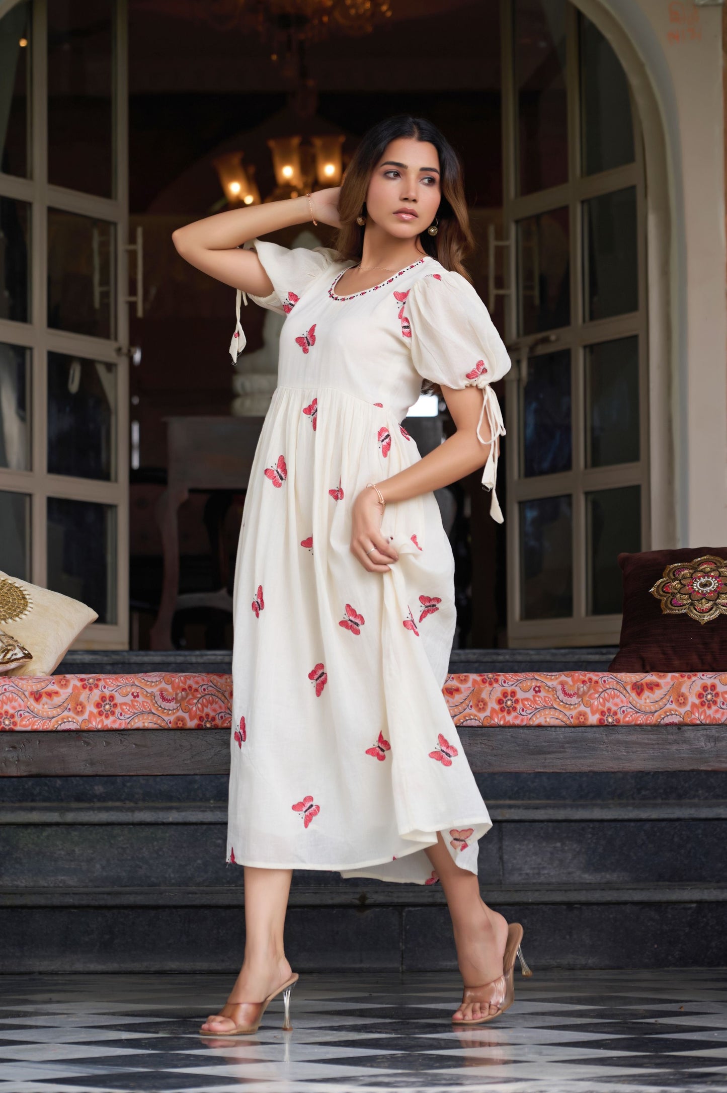 Red Butterfly Print A-Line Mul Cotton Stitched Dress