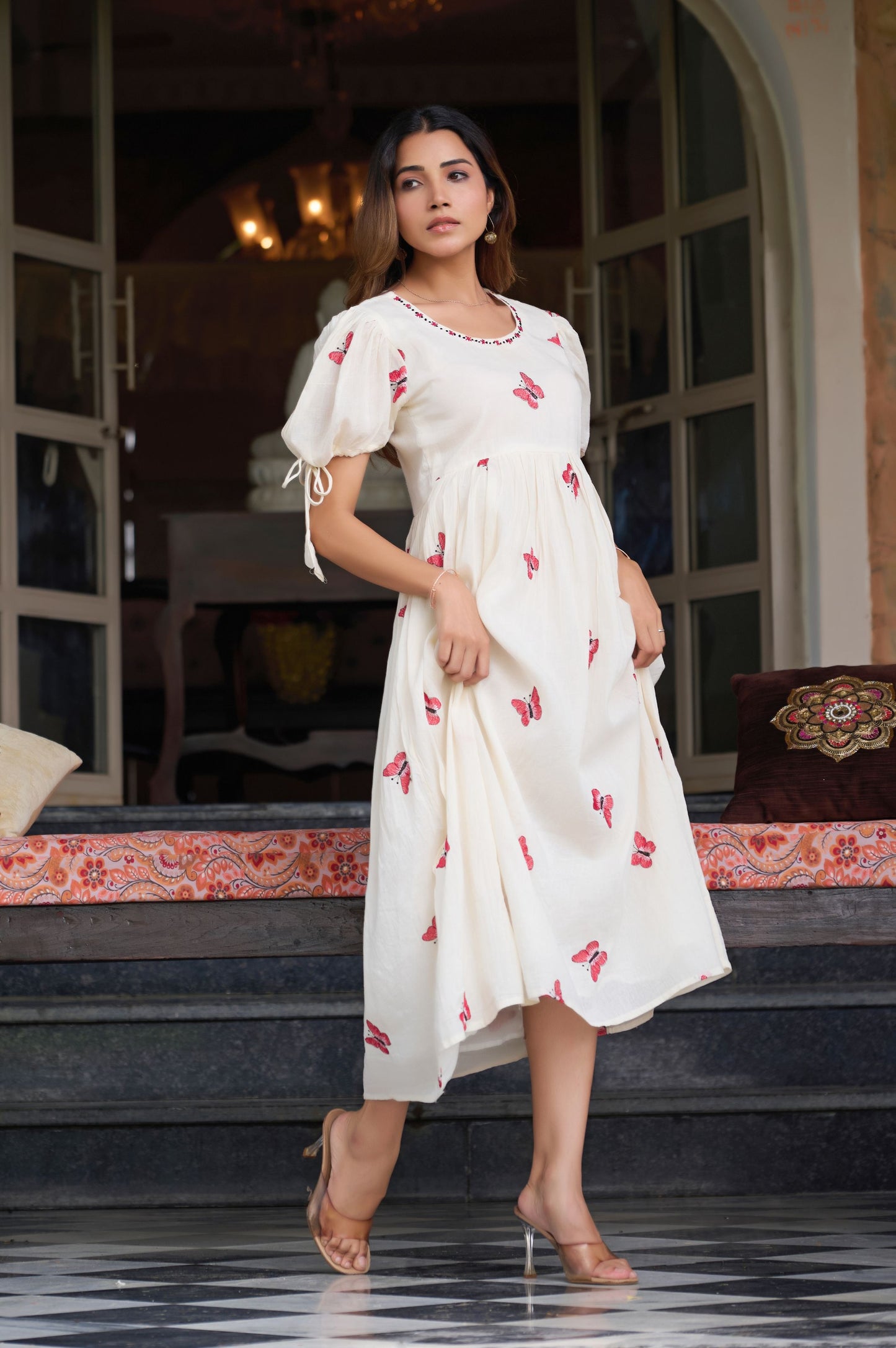 Red Butterfly Print A-Line Mul Cotton Stitched Dress