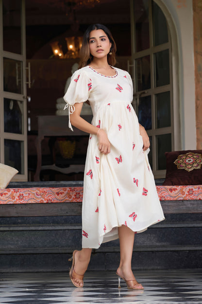 Red Butterfly Print A-Line Mul Cotton Stitched Dress