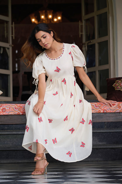 Red Butterfly Print A-Line Mul Cotton Stitched Dress