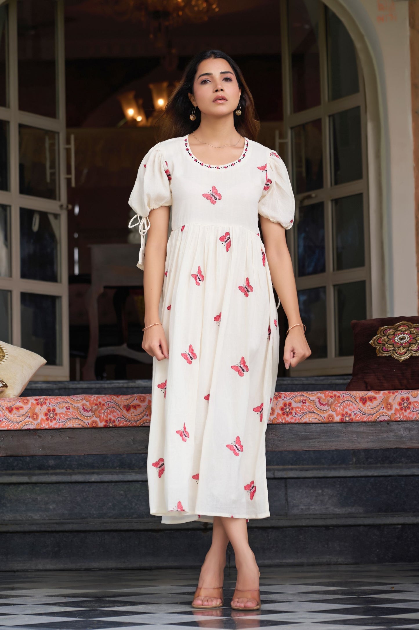 Red Butterfly Print A-Line Mul Cotton Stitched Dress