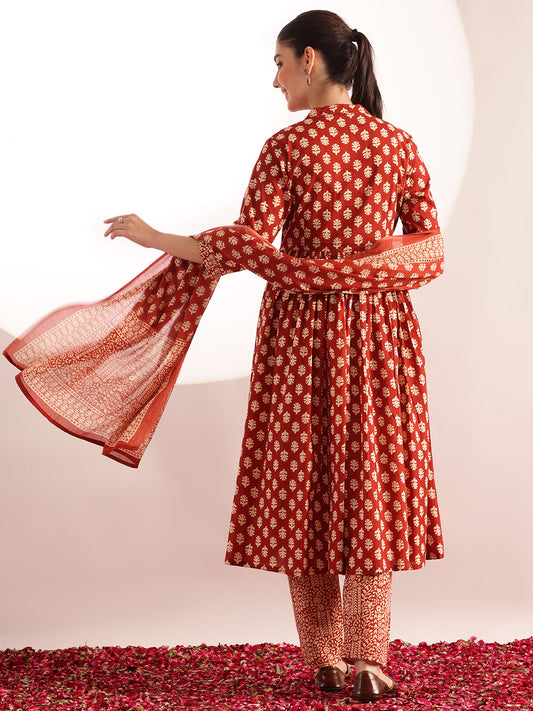 Rust Floral Printed A-Line Cotton Stitched Kurta, Pant With Dupatta