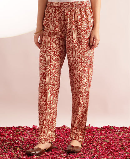 Rust Floral Printed A-Line Cotton Stitched Kurta, Pant With Dupatta