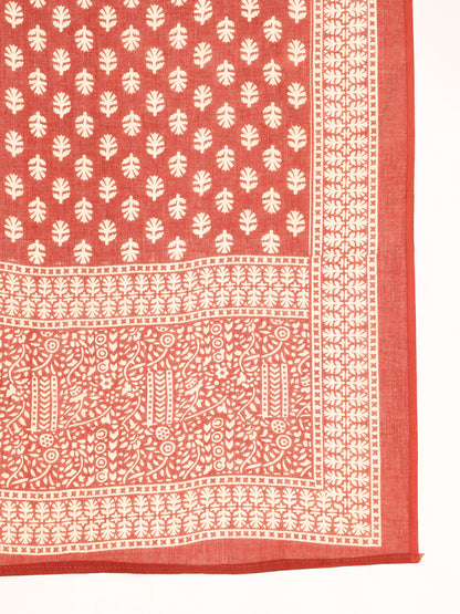 Rust Floral Printed A-Line Cotton Stitched Kurta, Pant With Dupatta