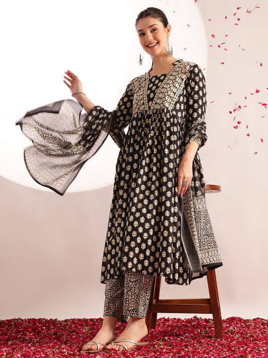 Black Floral Printed A-Line Cotton Stitched Kurta, Pant With Dupatta
