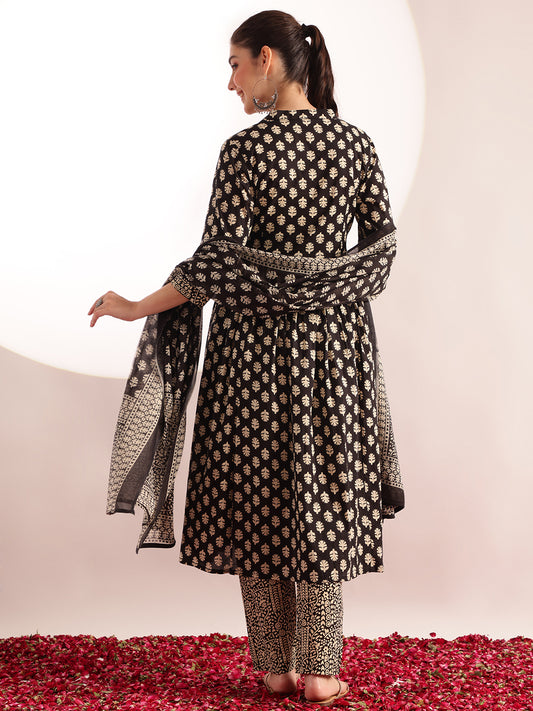 Black Floral Printed A-Line Cotton Stitched Kurta, Pant With Dupatta