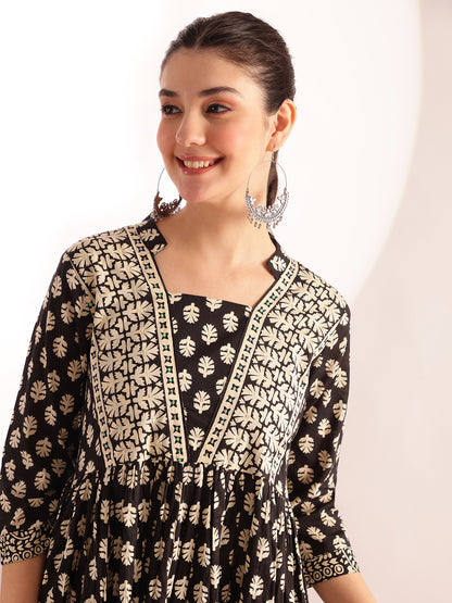 Black Floral Printed A-Line Cotton Stitched Kurta, Pant With Dupatta